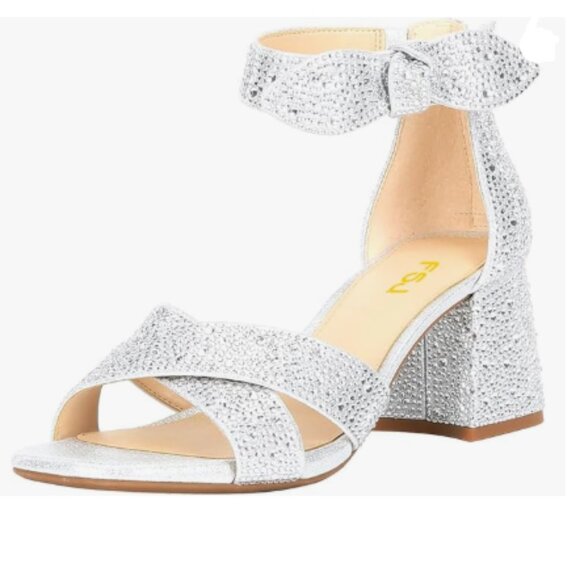 FSJ Silver Cute Bow Tie Ankle Strap Rhinestone Open Toe Strappy Back Zip Sandals - Picture 1 of 8